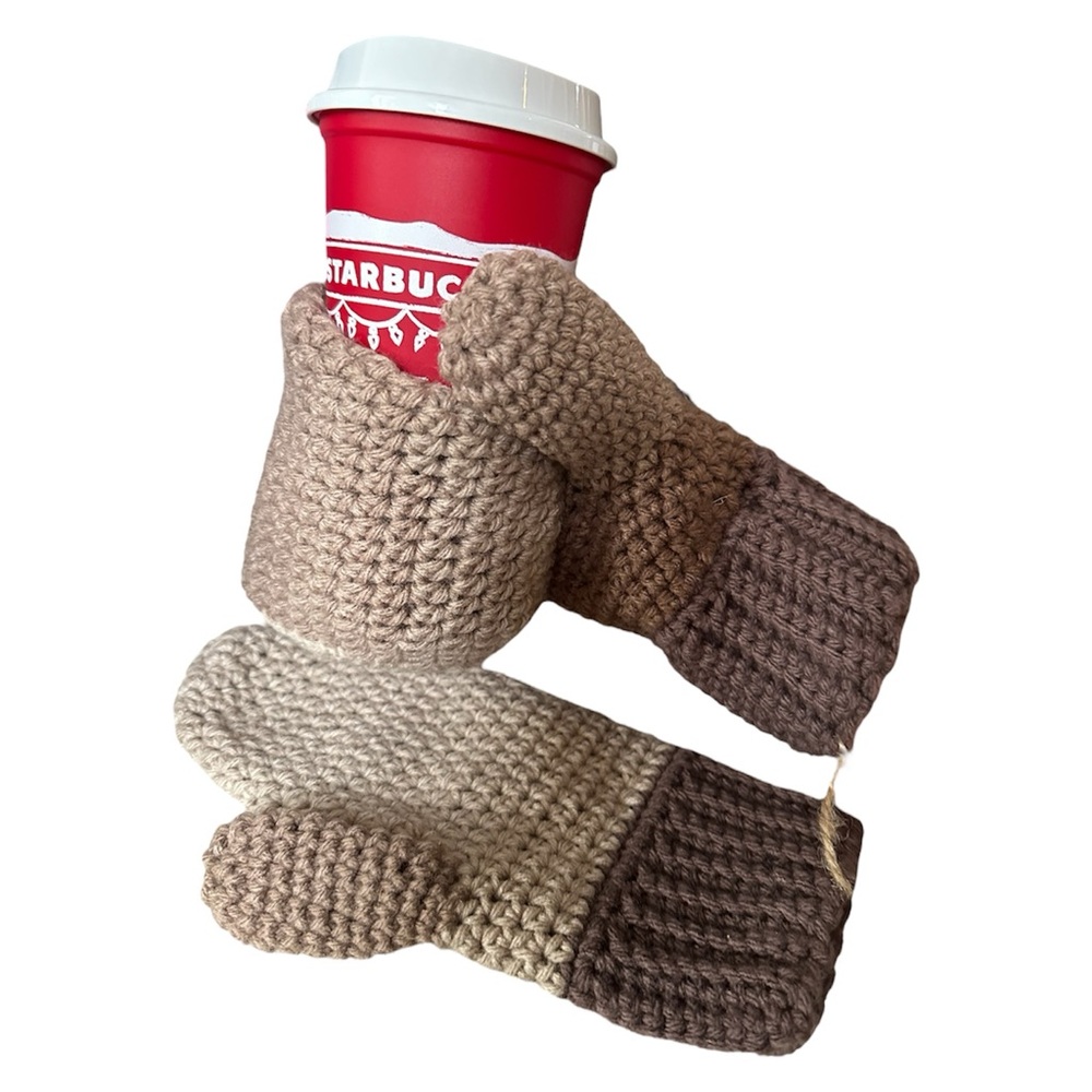 HAND KNIT Drink Koozie Mittens In Brown and Tan Knitted